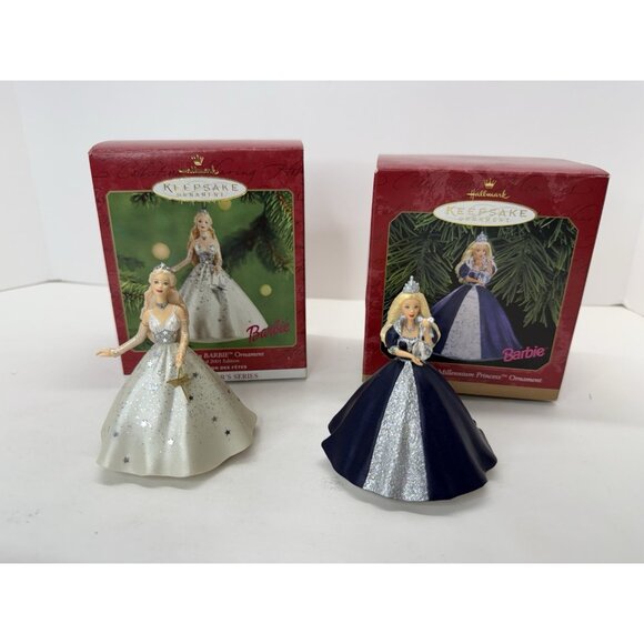 2 Hallmark Barbie Ornaments 2001 Christmas Celebration And Millennium Princess - Picture 1 of 11